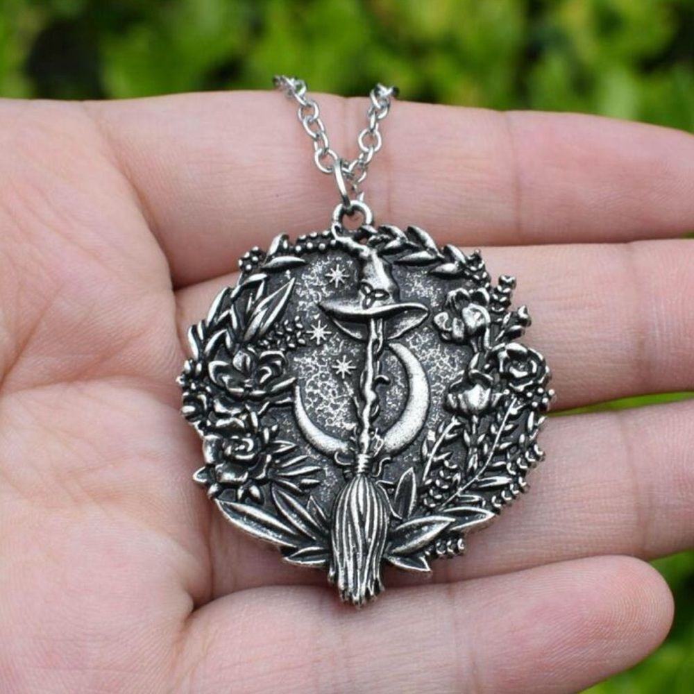 Goth Necklace, Witch’s Broom and Hat, Silver Color, Moon - Picture 2 of 3